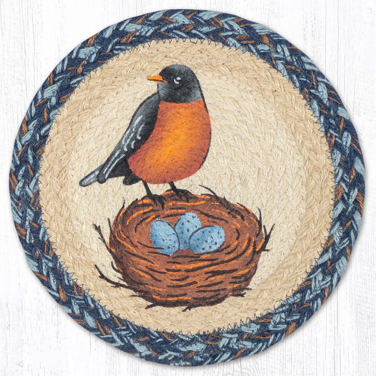 Robin With Nest Printed Round Jute Trivet