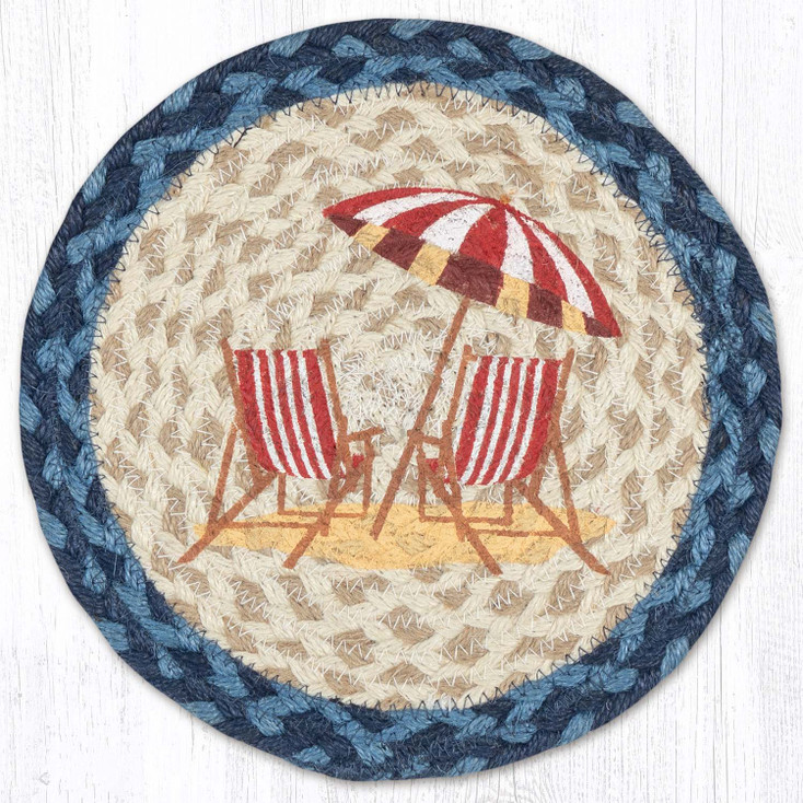 Red Beach Chair Printed Round Jute Trivet