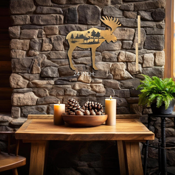 Moose Woodland Profile Rust Metal Wall Art with Forest Scene Silhouette