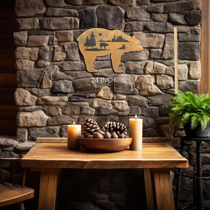 Bear Woodland Profile Rust Metal Wall Art with Forest Scene Silhouette