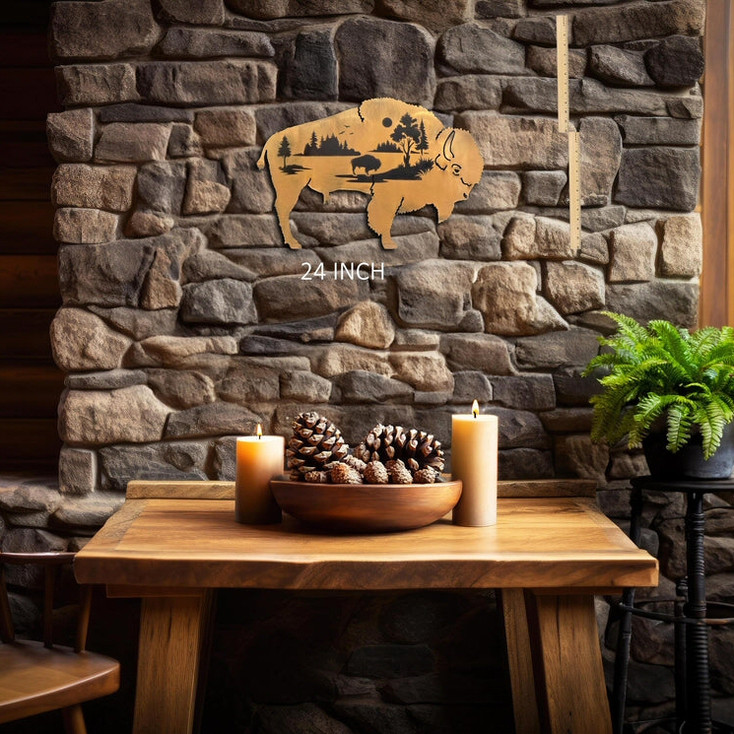 Bison Woodland Profile Rust Metal Wall Art with Forest Scene Silhouette