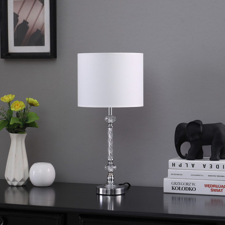 19" Silver Metal and Faux Crystal Table Lamp with White Drum Shade