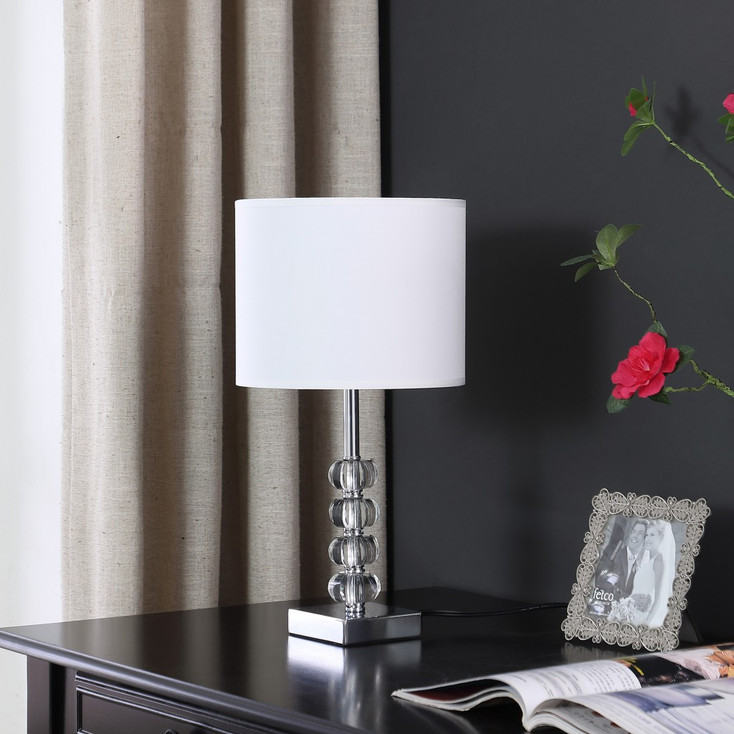 18" Silver Metal and Glass Orbs Table Lamp with White Drum Shade