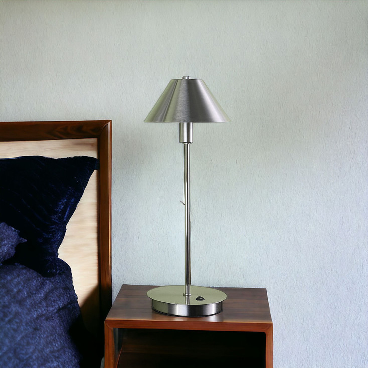 18" Silver Metal Bedside Table Lamp with Silver Cone Shade