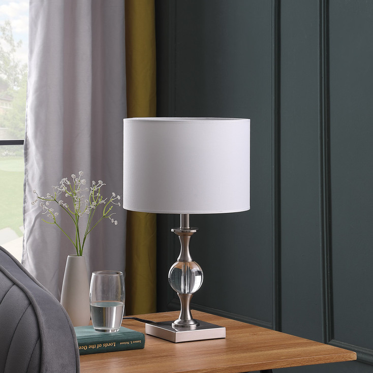 20in Silver Bedside Table Lamp with White Drum Lamp Shade