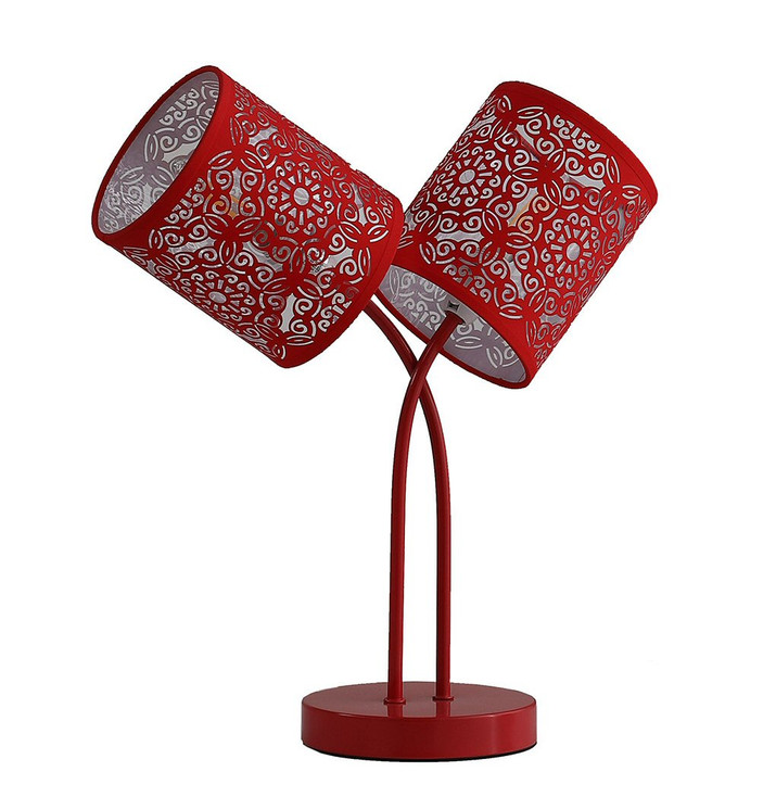 17" Red Metal Two Light Table Lamp with Red Abstract Drum Shade