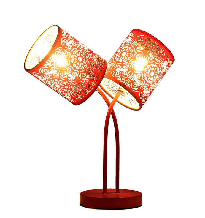 17" Red Metal Two Light Table Lamp with Red Abstract Drum Shade