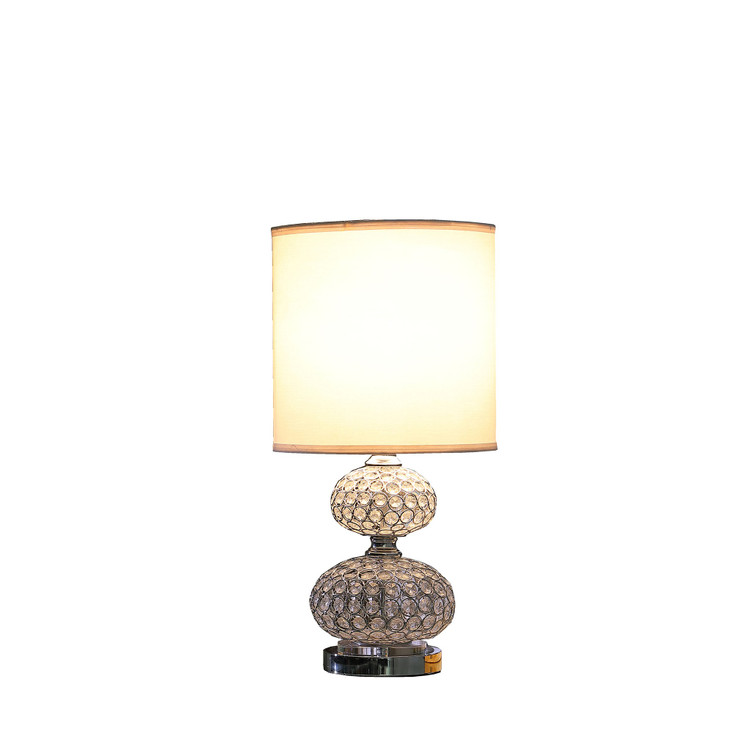 24" Chrome and Faux Crystal Double Orb Table Lamp with White Classic Drum Shade