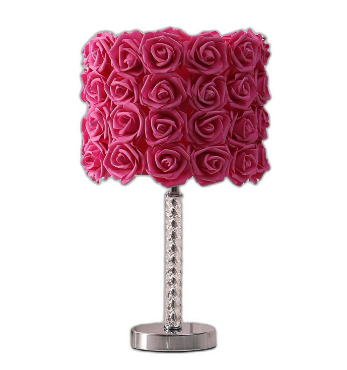 18" Silver Bedside Led Table Lamp with Red Flowers Drum Shade