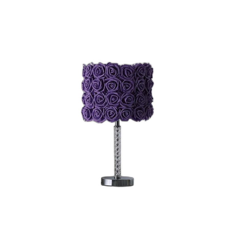18" Silver Bedside Table Lamp with Purple Flowers Drum Shade