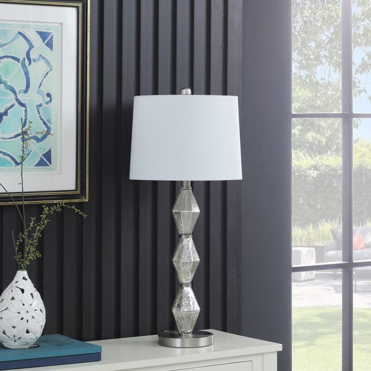 30" Brushed Silver Geo Glass Table Lamp with White Shade