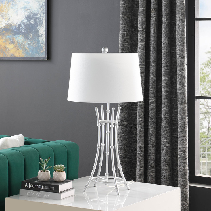 29" Silver Bamboo Design Table Lamp with Off White Drum Shade