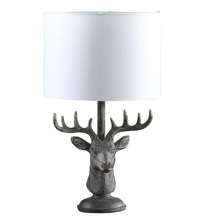 18" Antiqued Bronzed Stag Bust Table Lamp with White Drum Shade