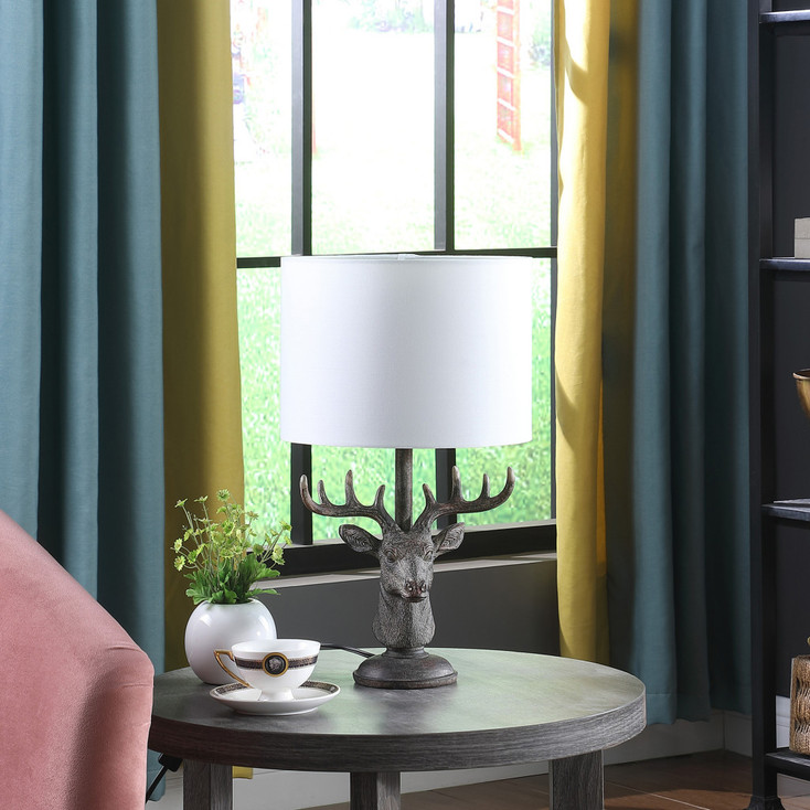 18" Antiqued Bronzed Stag Bust Table Lamp with White Drum Shade