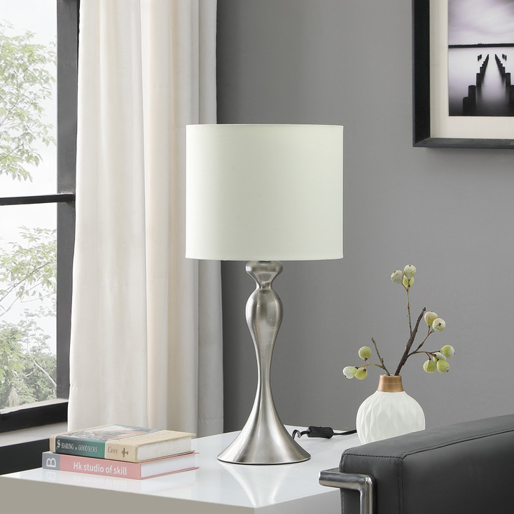 25" Silver Metal Table Lamp with Off White Drum Shade