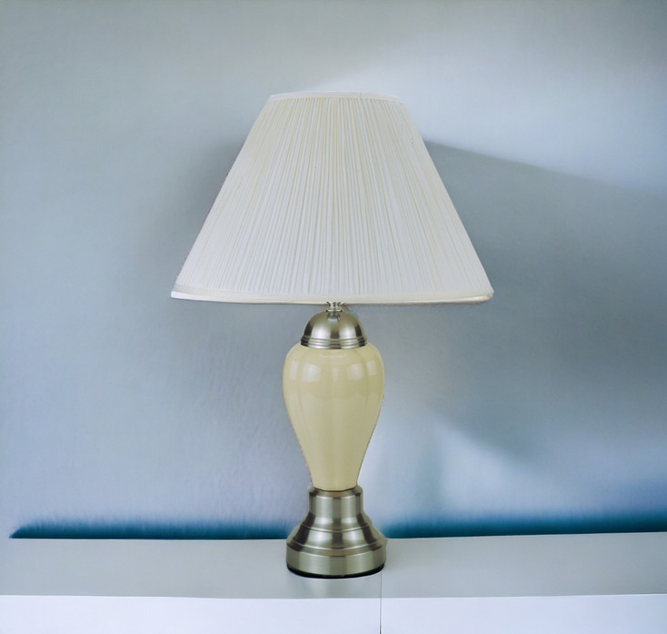 27" Ivory and Silver Ceramic Urn Table Lamp with White Empire Shade