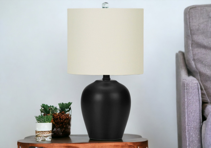 17" Black Ceramic Round Table Lamp with Ivory Drum Lamp Shade