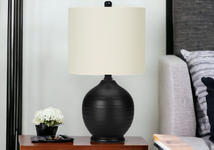 17" Black Ceramic Round Table Lamp with Ivory Drum Shade
