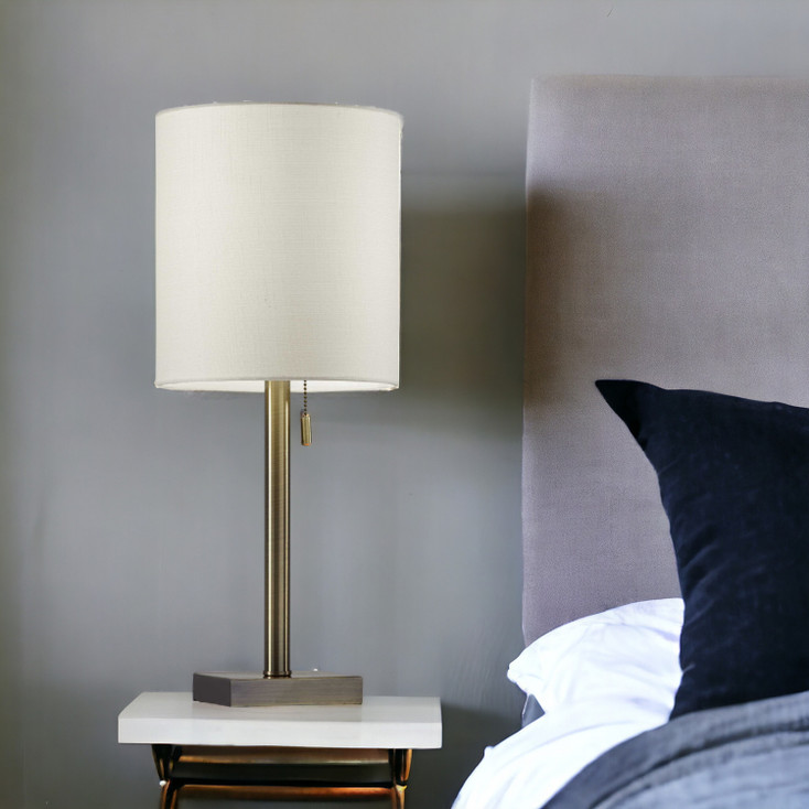 22" Antiqued Brass Metal Cylinder Table Lamp with Off White Drum Shade