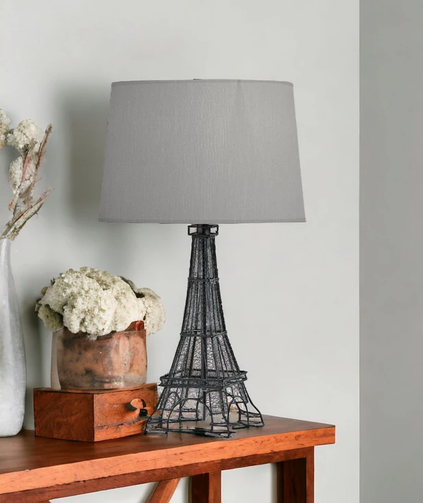 25" Black Acrylic Paris Desk Table Lamp with Gray Drum Shade