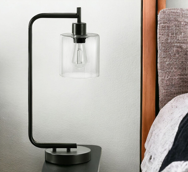 20" Black Metal Round Arched USB Table Lamp with Clear Drum Shade