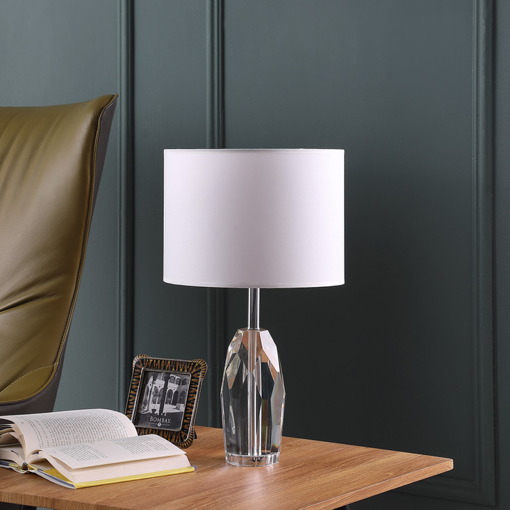 19" Chrome and Faceted Crystal Urn Table Lamp with White Drum Shade