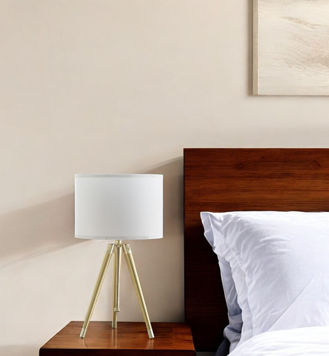 Gold Metal Adjustable Height Tripod Table Lamp with White Drum Shade