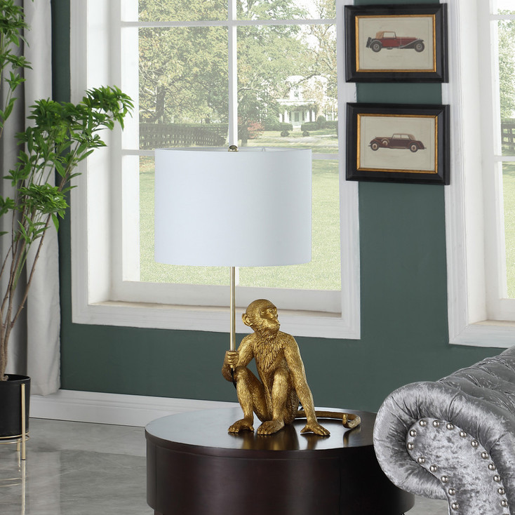 26" Antiqued Gold Sitting Monkey Table Lamp with White