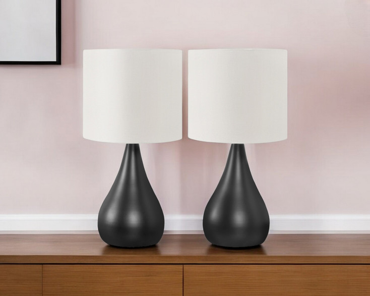 Set of Two 18" Black Metal Round Table Lamps with Ivory Drum Shade