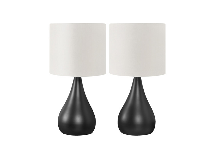 Set of Two 18" Black Metal Round Table Lamps with Ivory Drum Shade