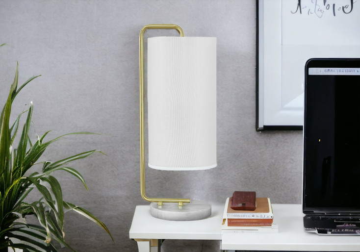 20" Gold and White Marble Round Arched Table Lamp with Ivory Drum Shade