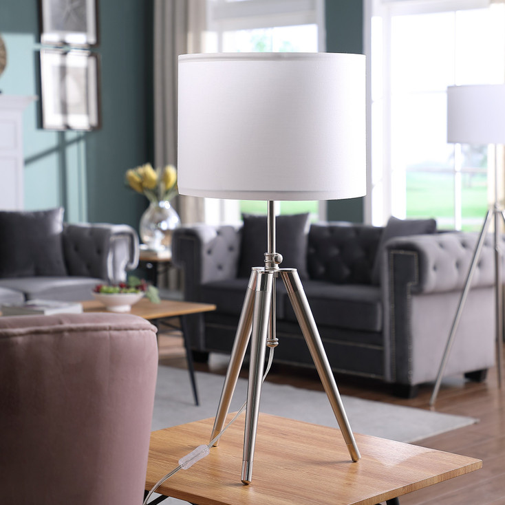 34" Silver Metal Adjustable Tripod Table Lamp with White Round Shade