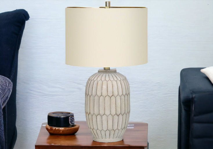 24" Cream Geometric Table Lamp with Cream Drum Shade