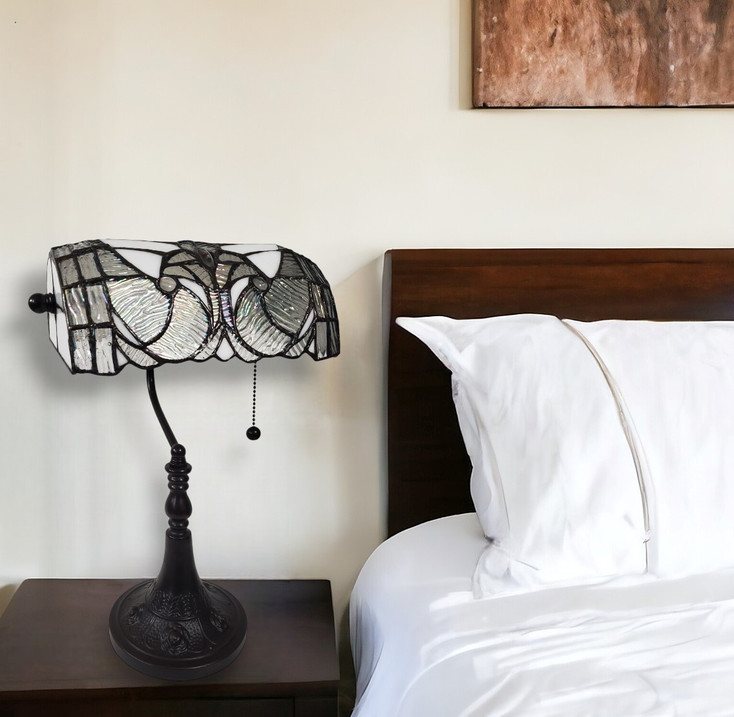16" Dark Brown Table Lamp with White and Silver Shade