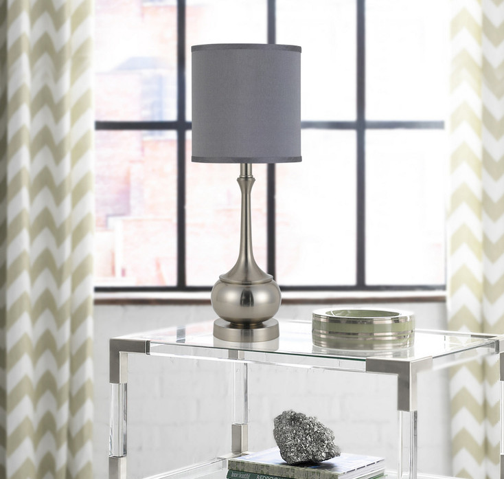 25" Nickel Metal Round Table Lamp with Gray Cone Shade