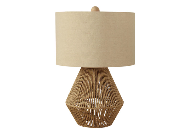 22" Brown Rattan Geometric Table Lamp with Beige Drum Shade