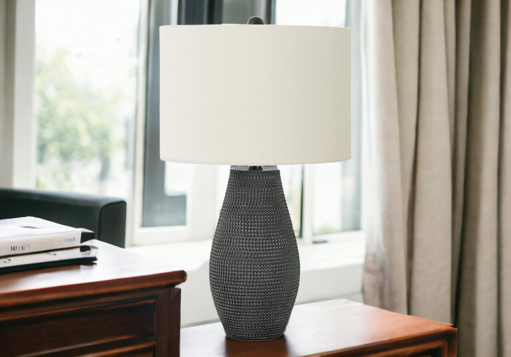 24" Black Round Table Lamp with Ivory Drum Shade