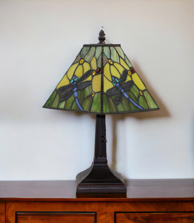 15" Dark Brown Metal Candlestick Table Lamp with Green Empire Lamp Shade