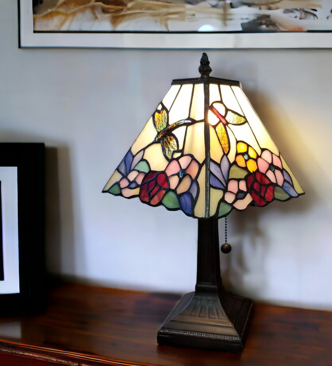 15" Dark Brown Metal Candlestick Table Lamp with Pink and Black Empire Shade