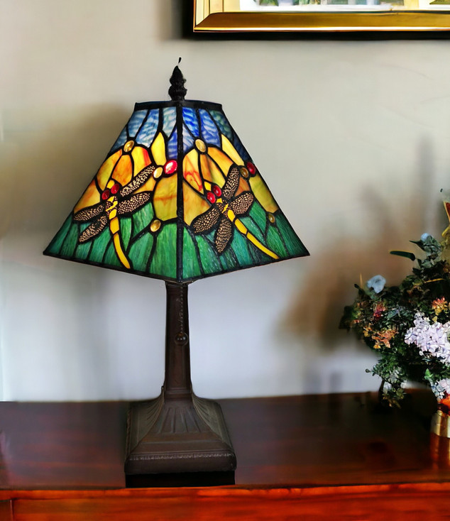 15" Dark Brown Metal Candlestick Table Lamp with Green Empire Shade