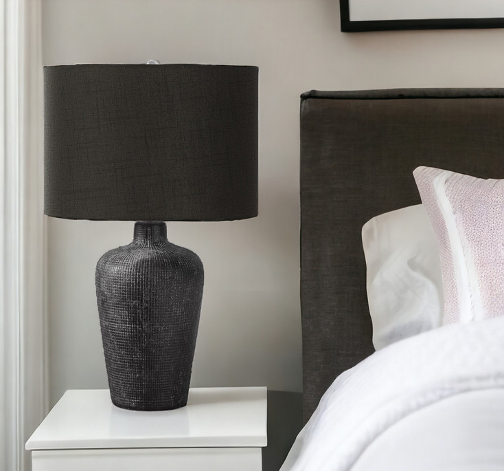 24" Black Ceramic Round Table Lamp with Black Drum Shade