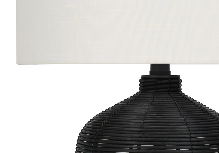 23" Black Rattan Round Table Lamp with Ivory Drum Shade
