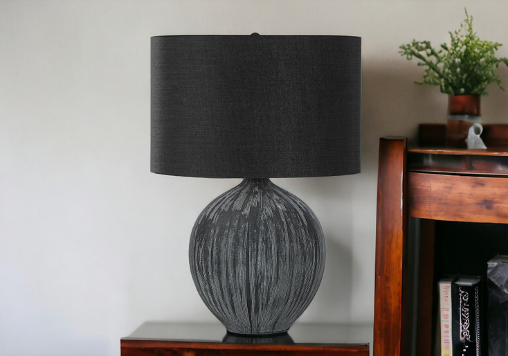 23" Black Ceramic Round Table Lamp with Black Drum Shade