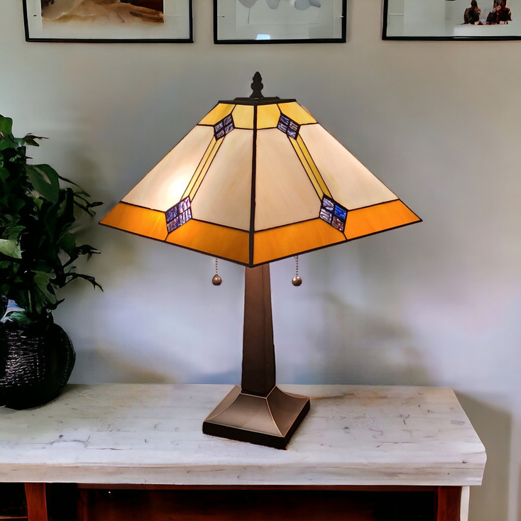 21" Dark Brown Metal Two Light Candlestick Table Lamp with Beige Lamp Shade