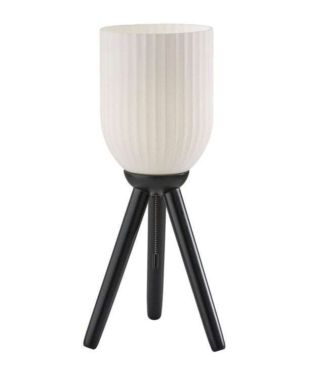 23" Black Solid Wood Tripod Table Lamp with White Ribbed Glass Shade