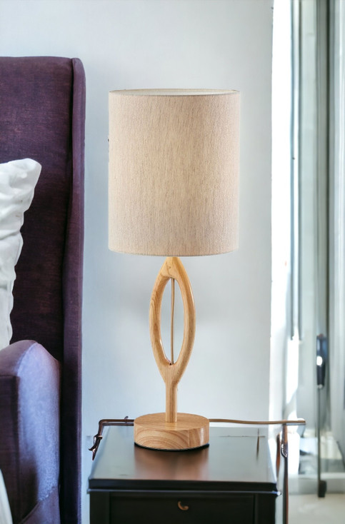 28" Natural Solid Wood Round Table Lamp with Beige Drum Shade