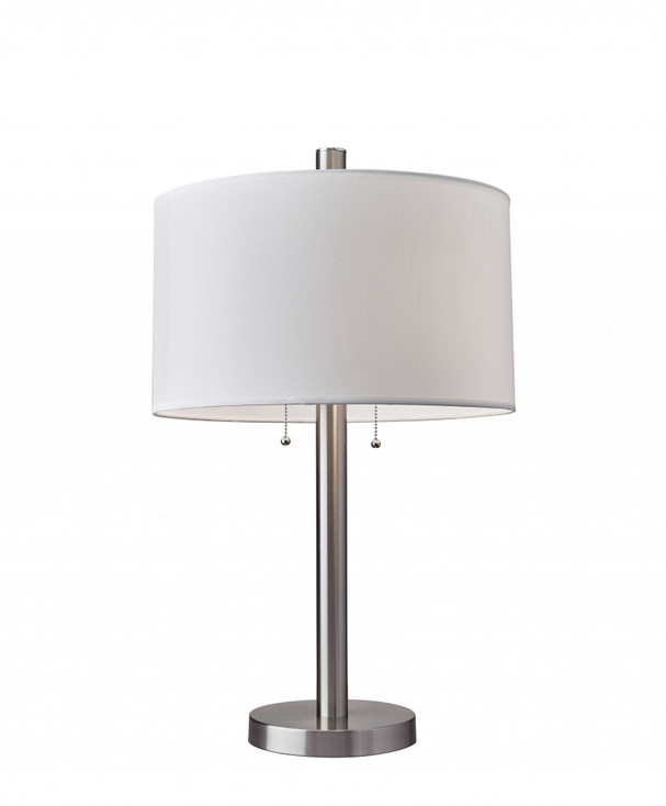 28" Silver Metal Two Light Bedside Table Lamp with White Drum Shade