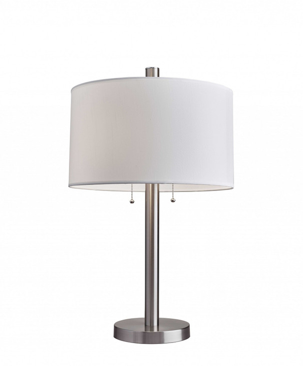28" Silver Metal Two Light Bedside Table Lamp with White Drum Shade