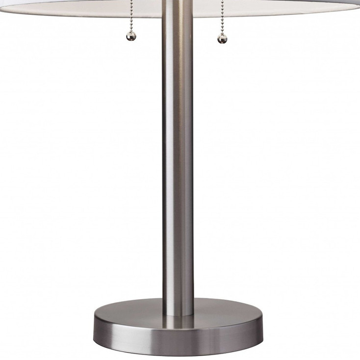 28" Silver Metal Two Light Bedside Table Lamp with White Drum Shade