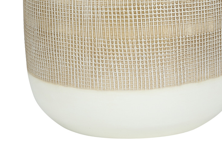 27" Brown and White Ceramic Round Table Lamp with Beige Drum Shade